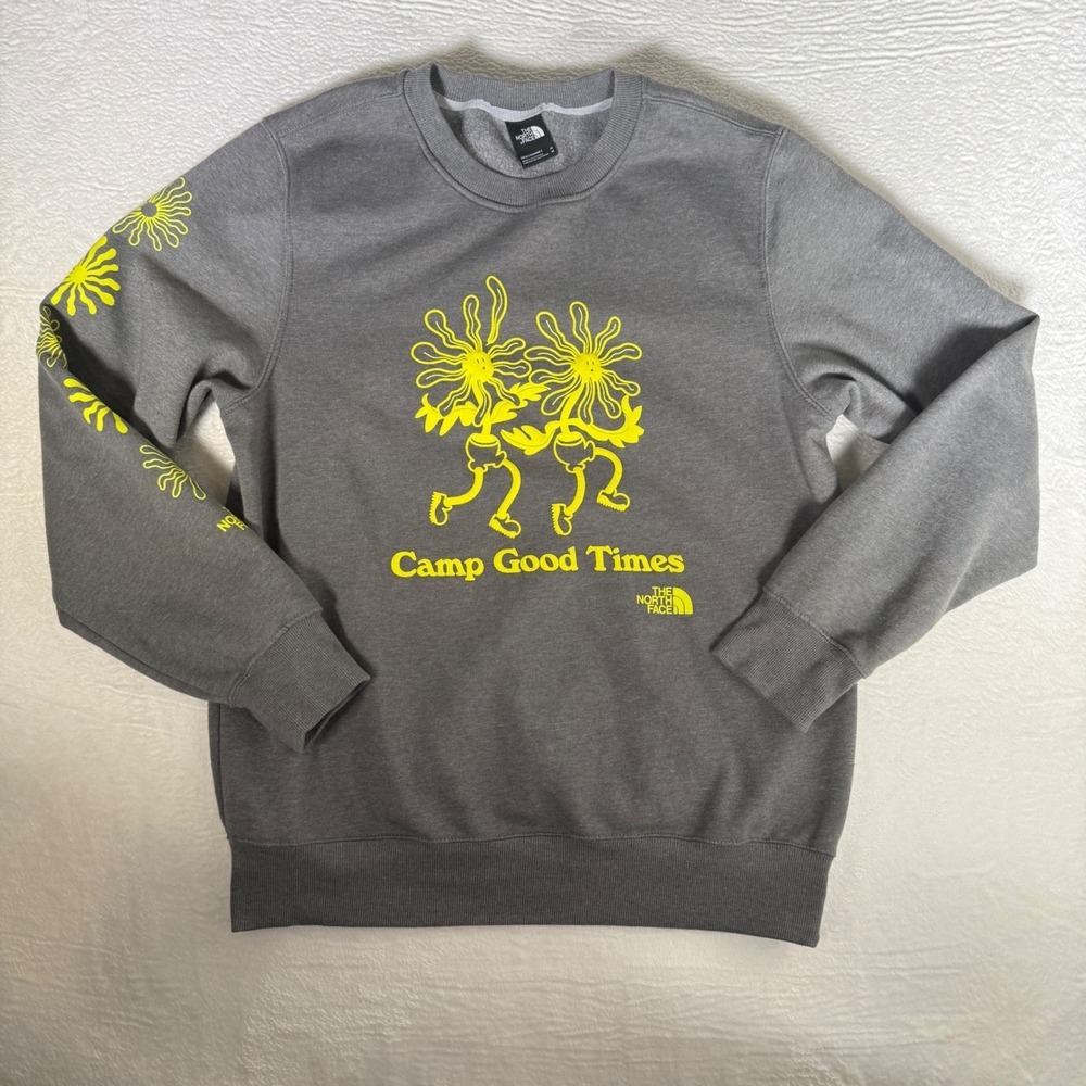 The North Face Camp Good Times Gray Neon Yellow Graphic‎ Crewneck Sweatshirt M